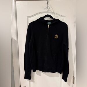 Ralph Lauren Black Zip-Up Hooded Cardigan with Gold Crest